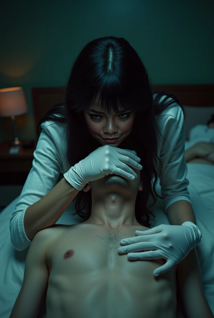 ( Best quality, high resolution, Masterpiece: 1.4)    women teacher wearing  tight white surgical glove hand over mouth student to kill, medical glove,handgag,women and men,kill,in the bed at night,men fainted,full body