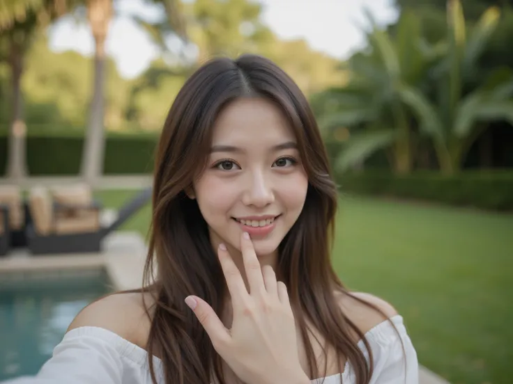 A cute smiling selfie from the first person perspective, of an Asian 28-year-old female CEO, standing in the garden of a Miami villa on an autumn afternoon, having dinner with several American female employees. Some Christmas decorations can be seen in the...