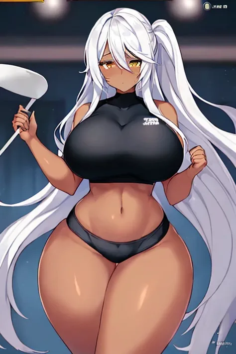 1girl, anime style, 2d, anime screencap, dark skin, black skin, dark-skinned female, white hair, long hair, huge breasts, wide hips, thick thighs, shirt, sportswear, shy, sports bra, screencap, masterpiece, hourglass figure, mature female