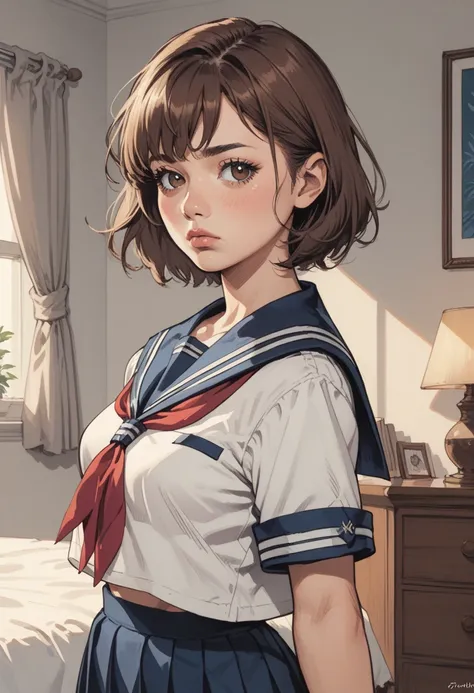 anime artwork, score_9, score_8_up, score_7_up, score_6_up, score_5_up, solo, 20 year old, perfect beautiful face, long eyelashes, (bedroom), medium breasts, wide hips, hips,,1 girl, brown hair, short hair, bangs, brown eyes school uniform, blue serafuku, ...