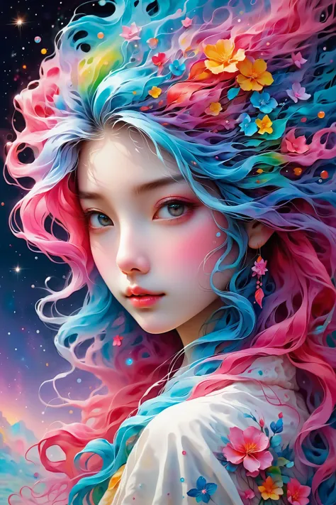 (Asian girl:1.3), beautiful detailed eyes, beautiful detailed lips, extremely detailed eyes and face, long eyelashes, upper body, from side, looking at viewer, (fractal art:1.3), (rainbow color hair, colorful hair, half blue and half pink hair:1.2), water,...