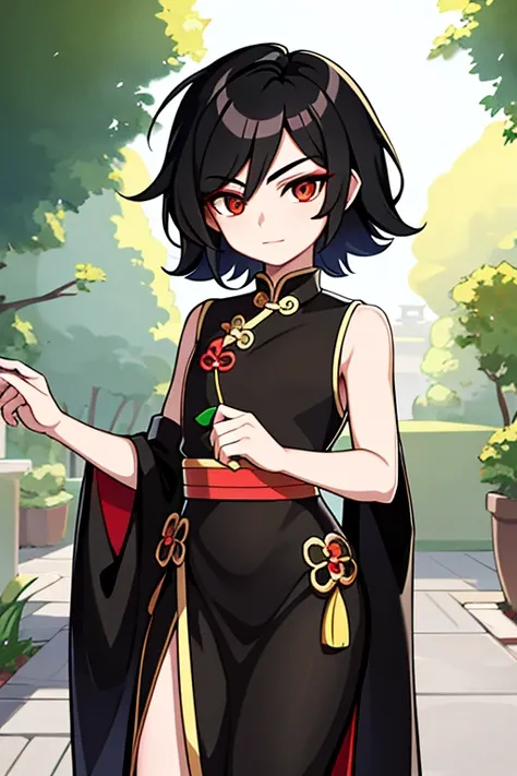 A somewhat feminine boy with black hair and dark brown eyes from Brawlhalla, con un qipao blanco, muslos sexys y cintura delgada 