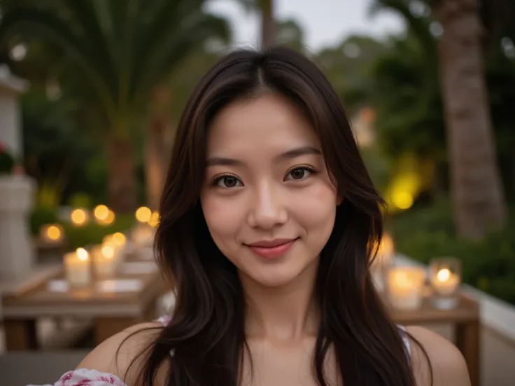 A cute smiling selfie from the first person perspective, of a 28-year-old Asian female CEO, standing in the garden of a Miami villa in the dark autumn afternoon for a dinner with several American female employees. Some Christmas decorations can be seen in ...