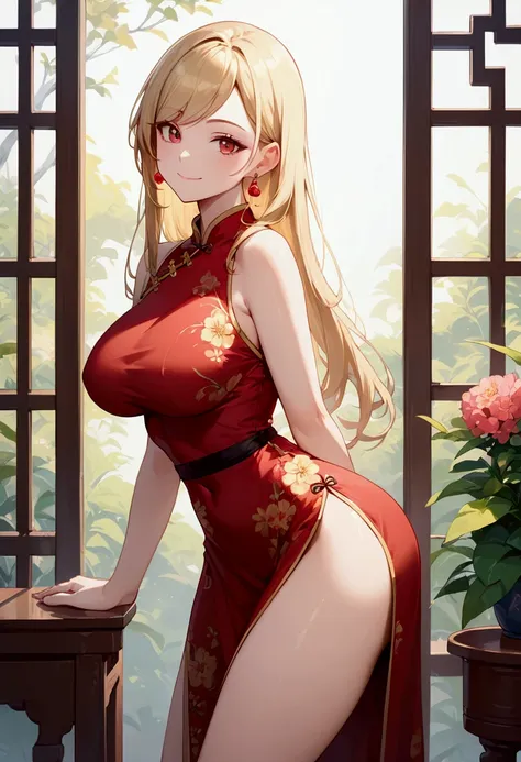 score_9, score_8_up, score_7_up, intricate details, 1girl, dress, chinese clothes, china dress, solo, long hair, blonde hair, looking at viewer, smile, earrings, red dress, jewelry, red eyes, floral print, bare shoulders, leaning forward, closed mouth, sle...