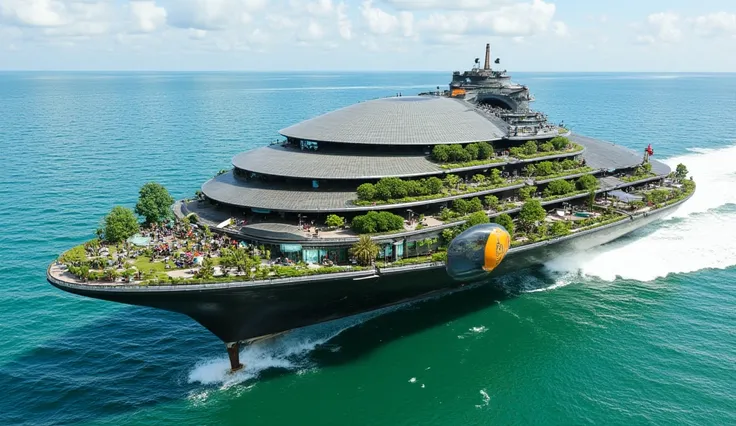 A seagoing futuristic floating island city, self-sufficient and sustainable, harnessing wind, solar, wave motion, and a small fusion reactor. The city features rounded homes to avoid wind resistance, sails for movement, and giant balloons or blimps for har...