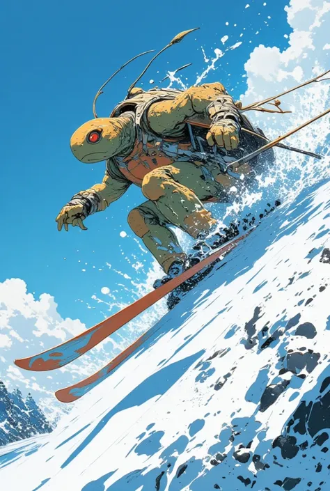  2 comic panels ,  dynamic speed ski scene,  jump in the air , snow splash ,  motion blur ,  beautiful,  realistic ,  close up from below .elegant,Cold,fast,high speed,face shown, Make it a turtle  