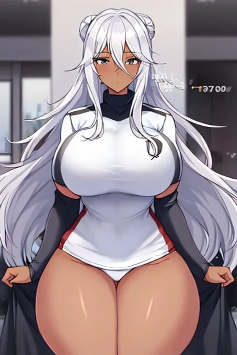 1girl, anime style, 2d, anime screencap, dark skin, black skin, dark-skinned female, white hair, long hair, huge breasts, wide hips, thick thighs, shirt, sportswear, shy, sports bra, screencap, masterpiece, hourglass figure, mature female