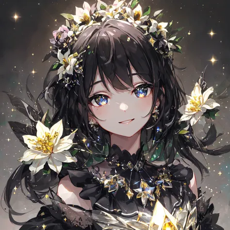 1 Girls Masterpiece 、 top quality、shape、 Dazzling Smile 、Black Diamond Eyes and Hair 、 Black Diamond Earrings 、 Black Diamond Necklaces、Fairy、cute、(moving lighting:1.2)、 Cinematic Lights、Delicate features、Fine grain、 sharp pupils、Realistic student、 depth o...