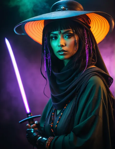 glamour portrait photo, macro, a captivating vibrant dark green-neon capturing the essence of a cyborg Bedouin sorcerer in fight stance, defying expectations by conjuring a whimsical robot freak from an oversized sedge hat. ethereal, smoky backdrop. throwi...