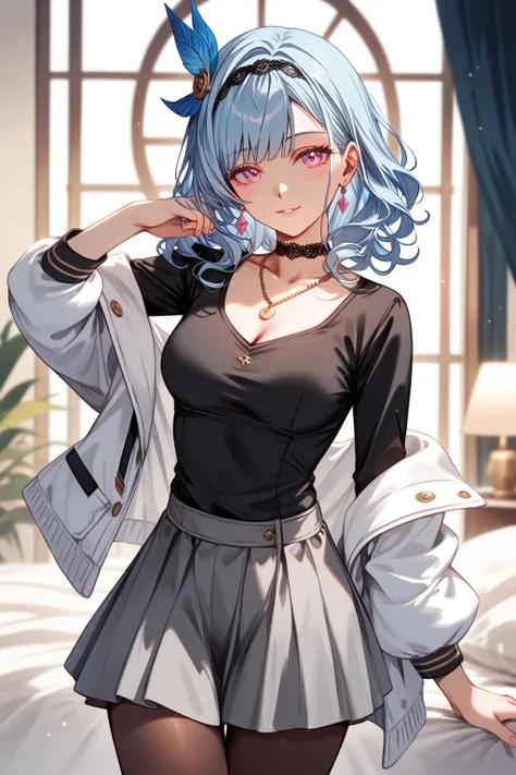 romancing saga 2, medium hair, pink eyes, light blue hair, (wavy hair:0.3), hair ornament, black hairband,
choker, necklace、(jewelry, white jacket, pantyhose, black shirt, grey skirt)
BREAK
25 year old woman、medium breasts,sexy Lip、Moist eyes、Gentle eyes、G...