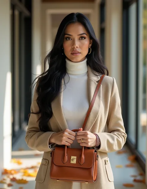  A beautiful Latin woman with long black hair ,  and intense dark brown eyes ,  standing in a modern corridor illuminated by natural light ,  with large glass windows in the background .  She wears an elegant textured beige overcoat that goes up to the kne...