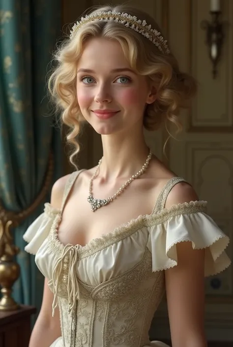  blond girl with very big, curly white skin with blue eyes wearing a strappy dress and blouse and a headband on her head smiling in the year of the 1880s