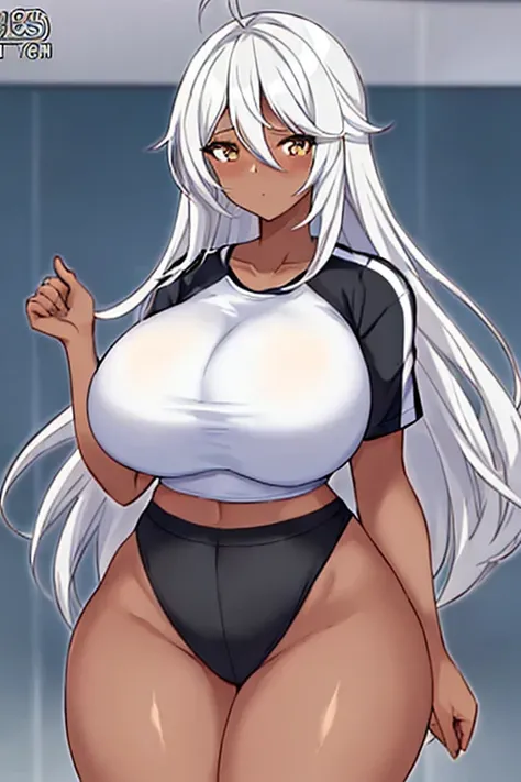 1girl, anime style, 2d, anime screencap, dark skin, black skin, dark-skinned female, white hair, long hair, huge breasts, wide hips, thick thighs, shirt, sportswear, shy, sports bra, screencap, masterpiece, hourglass figure, mature female