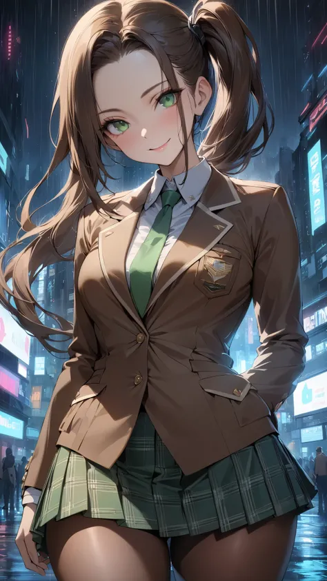 masterpiece, best quality,amazing quality, semi-realistic, ultra-detailed,Sharp Focus, Enhance colors to maximum saturation, high contrast, 1girl, detailed green eyes, slightly smile, detailed semi-long hair, dark brown silky hair,  forehead, sliced back h...