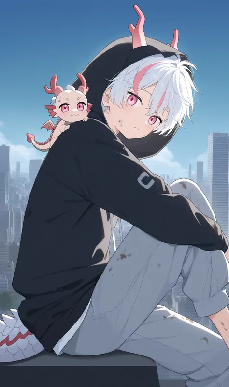 1boy,Pink Eyes,dragon horns on side of head,white hair,white ends of hair,muliticolored hair,looking at viewer,cute boy,white shirt,city,Anime, Anime Style,13year old boy, full body,sitting on ledge,dirty clothes,dragon tail,dragon scales on shoulder,overs...