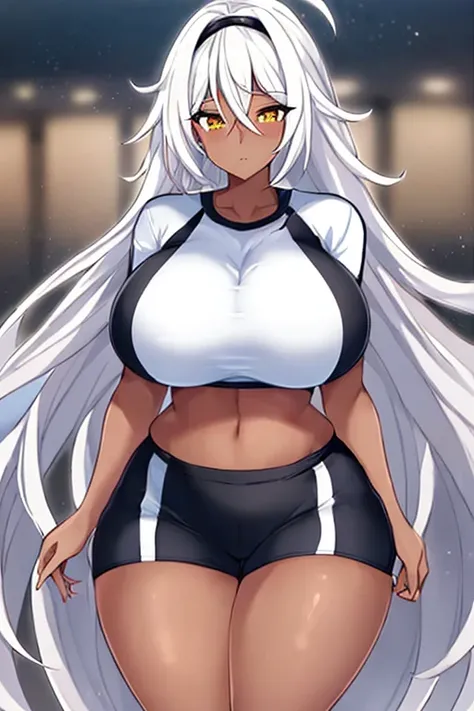 1girl, anime style, 2d, anime screencap, dark skin, black skin, dark-skinned female, white hair, long hair, huge breasts, wide hips, thick thighs, shirt, sportswear, shy, sports bra, screencap, masterpiece, hourglass figure, mature female