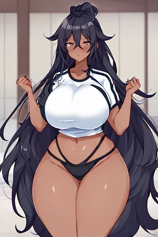 1girl, anime style, 2d, anime screencap, dark skin, black skin, dark-skinned female, white hair, long hair, huge breasts, wide hips, thick thighs, shirt, sportswear, shy, sports bra, screencap, masterpiece, hourglass figure, mature female