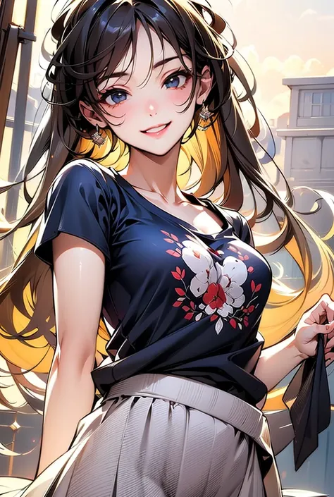 masterpiece, best quality, ultra-detailed, illustration, slim fit girl, at full height, blrown eyes, shy smile, perfect small breast, skirt, t-shirt,