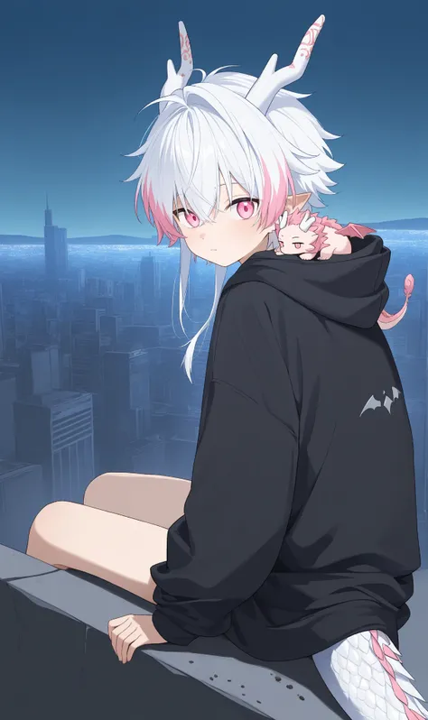 1boy,Pink Eyes,dragon horns on side of head,white hair,white ends of hair,muliticolored hair,looking at viewer,cute boy,white shirt,city,Anime, Anime Style,13year old boy, full body,sitting on ledge,dirty clothes,dragon tail,dragon scales on shoulder,overs...