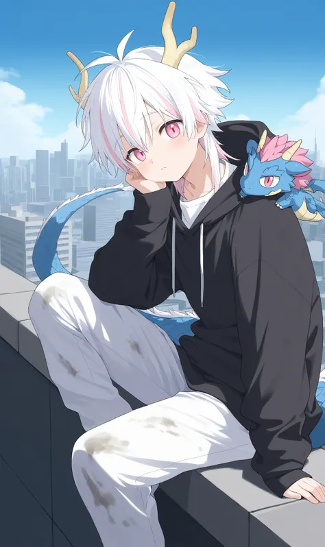 1boy,Pink Eyes,dragon horns on side of head,white hair,white ends of hair,muliticolored hair,looking at viewer,cute boy,white shirt,city,Anime, Anime Style,13year old boy, full body,sitting on ledge,dirty clothes,dragon tail,dragon scales on shoulder,overs...