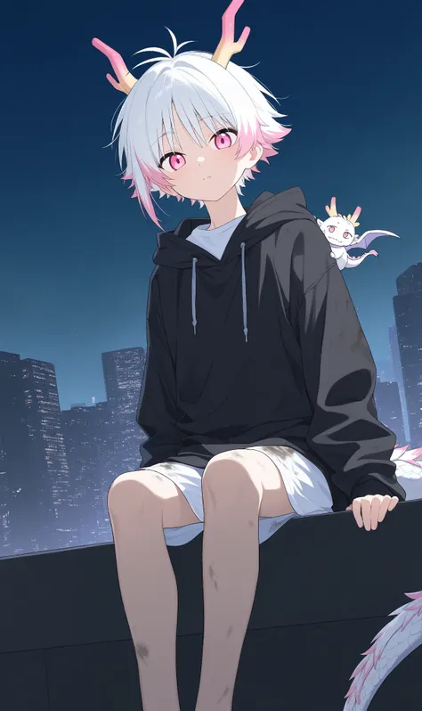 1boy,Pink Eyes,dragon horns on side of head,white hair,white ends of hair,muliticolored hair,looking at viewer,cute boy,white shirt,city,Anime, Anime Style,13year old boy, full body,sitting on ledge,dirty clothes,dragon tail,dragon scales on shoulder,overs...