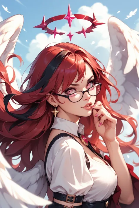 A nerdy Catgirl wearing glasses and witch cloths with pink eyes and long red hair with black highlights as a Fallen Angel with  with black and red angel wings at her full power