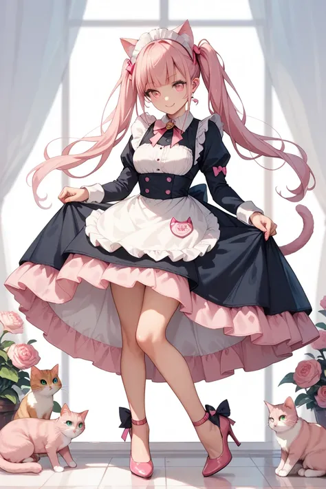 Female nekomata maid girl with pink twintails hair and with pink eyes and big boobs and high heels full body image with pink cat ears and 1 pink cat tail