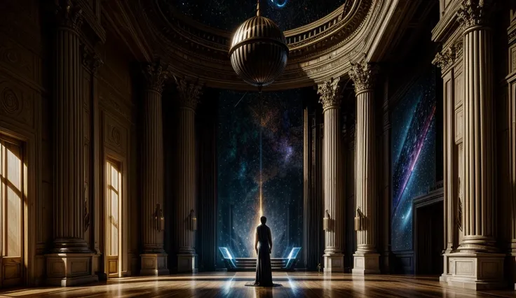 In a grand hall with interstellar significance, different species come together to sign a treaty, using a glowing alien artifact as a symbol of unity. The hall is ornately decorated with banners and emblems, each representing different civilizations. Warm ...