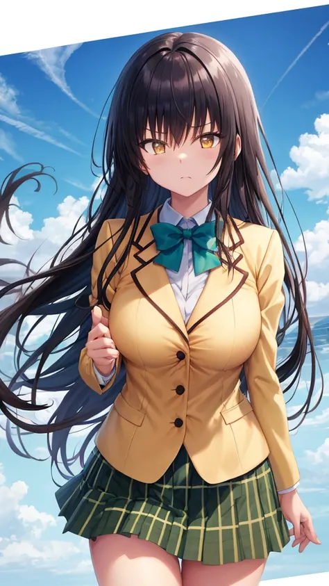 masterpiece, best quality, defYui, yellow blazer, long sleeves, green bowtie, plaid skirt, large breasts, furrowed brow, looking at viewer, blue sky, clouds, 