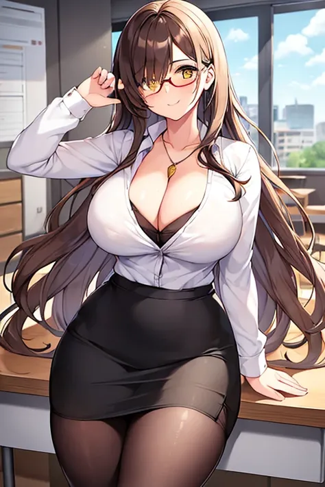 1girl, large breasts, thick thighs, brown hair, wavy hair, long hair, one eye covered, ((one eye covered)), hair over one eye, classroom, smile, pencil skirt, skirt, mature female, necklace, white shirt, shirt, pantyhose, teacher, glasses, red glasses, cle...