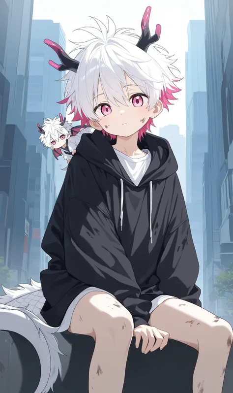 1boy,Pink Eyes,dragon horns on side of head,white hair,white ends of hair,muliticolored hair,looking at viewer,cute boy,white shirt,city,Anime, Anime Style,13year old boy, full body,sitting on ledge,dirty clothes,dragon tail,dragon scales on shoulder,overs...