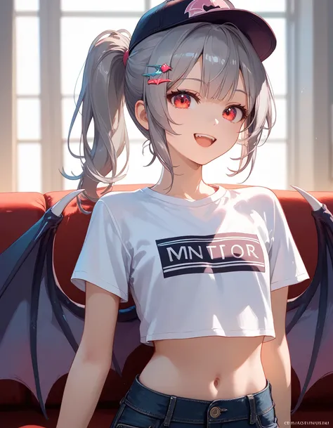  high definition , masterpiece, top quality,  super detailed , ( detail eyes), ( detailed face ),  1 girl , illustrations, Gray Hair,  red eyes,  best details , ( glowing eyes),  flat breasted ,   backlight, (midriff:1.4), light,  High Contrast,  colorful ...