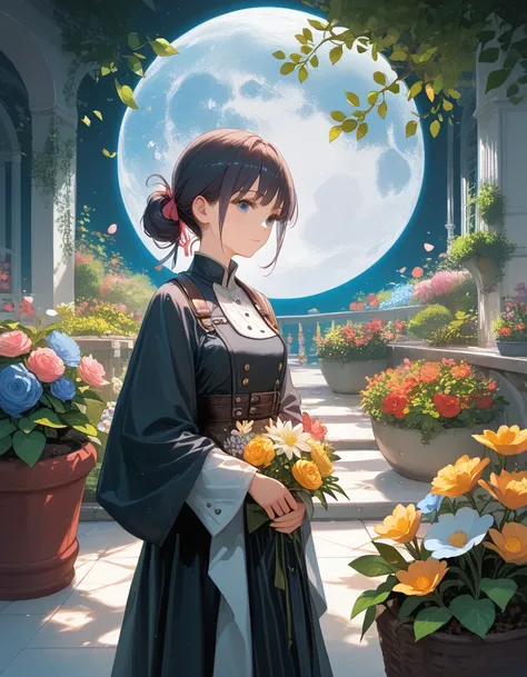  top quality, expensive_resolution,  clear_image,  detailed background , girl, hanbok,flower,garden,moon,   knight ,