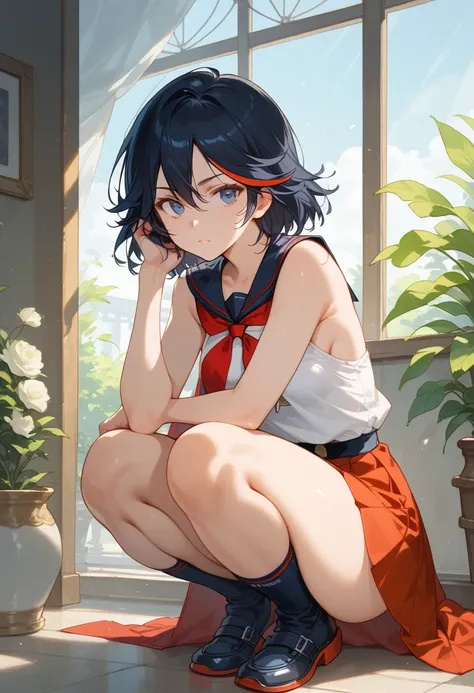  beautiful, masterpiece,  top quality,  very detailed face,  perfect lighting,  1 girl , Alone,  matoi ryuuko b, senketsu,  suspender skirt ,  crouching ,,   Cowboy Shot 