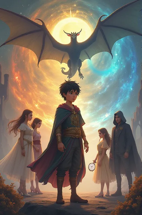 I want the image of the boy with the black brown hair magic clothes two friends one and a boy two princesses of the Moon and the Sun a dragon a man with a villain hoodie and the magic background and a magic watch