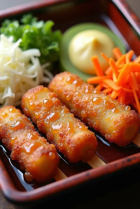 Katsu skewers bento with fresh cabbage carrot vegetables and grated radish and mayonnaise and tonkatsu sauce 