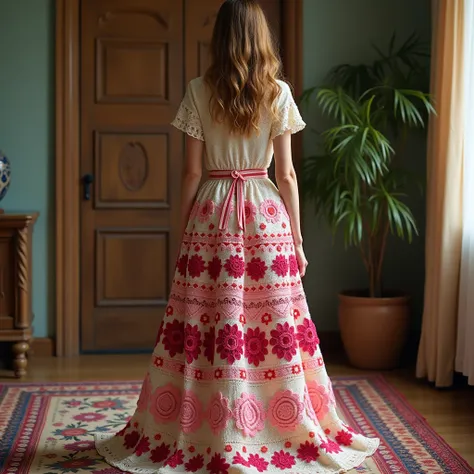 Nice skirts design crochet with wool flower design on wool skirt and separate design pink red white white color full view pic room view zoom out on lady 