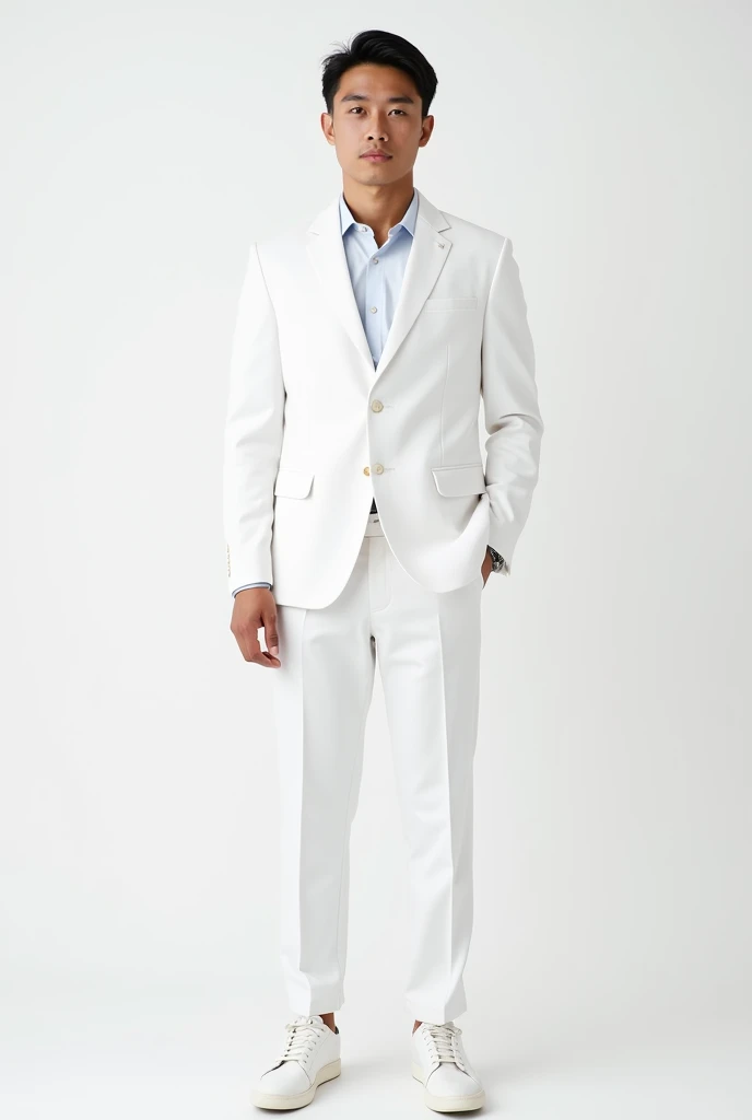 a yong man white suit and white background template for passport photo and stand likes strength size is 4:3