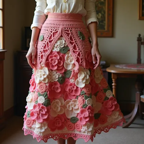 Nice skirts design crochet with wool flower design on wool skirt and separate design pink red white white color full view pic room view zoom out on lady 