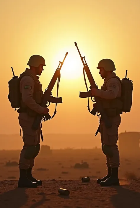 A war battlefield, in a kind of desert, where two soldiers aim a gun at each other from far distance, hesitating to shoot or not. their aim is blinded by the sun.