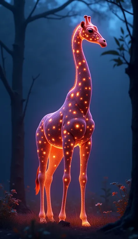 A glowing giraffe silhouette with vibrant orange spots and blue-purple glowing accents