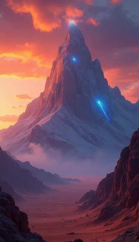 A glowing desert mountain peak with a dramatic orange and purple sunset sky, highlighted by glowing blue accents.