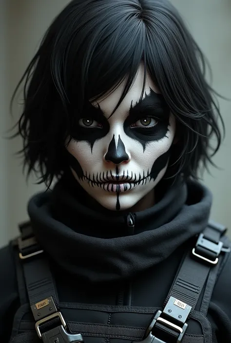 Rainbow six siegie game Caveira has a skull face paint with black and white patterns, short black hair, and wears a dark tactical uniform with a vest and gloves. Her look is stealthy and intimidating.

