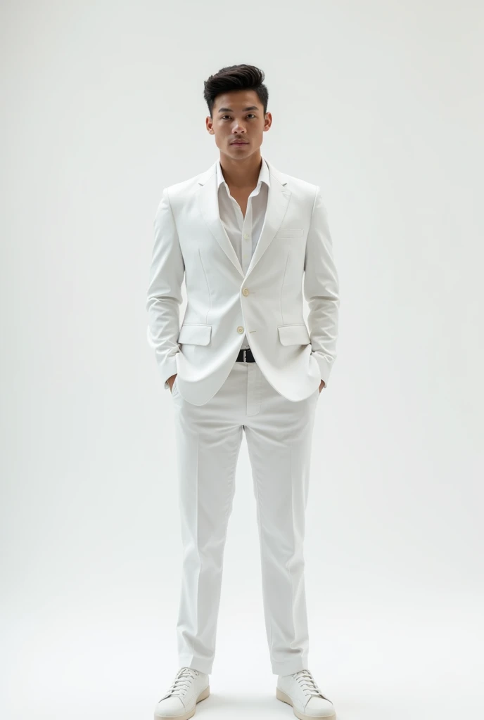 a yong man white suit and white background template for passport photo and stand likes strength, frame size is 2:3