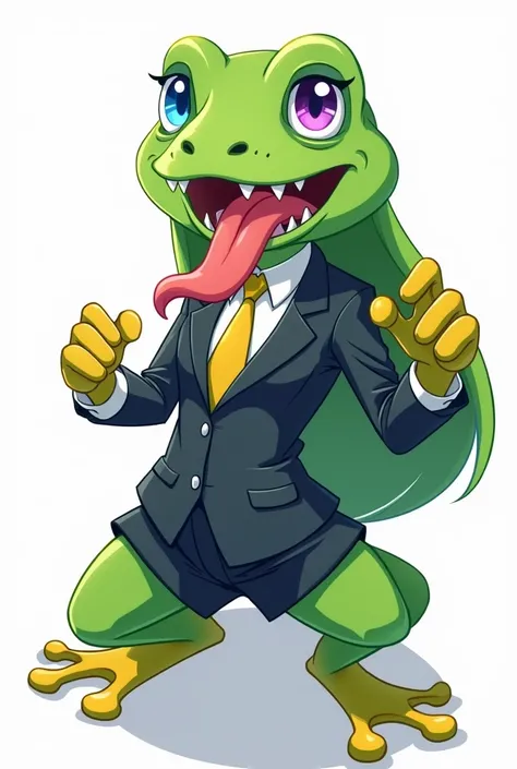 1 girl,Alone, long green frog hair, PNG white background, Anime style, Full body view, sharp teeth very prominent, frog tongue sticking out very stretched in a menacing fashion, menacing expression, CEO coorporation suit, yellow shows, pose slightly curved...