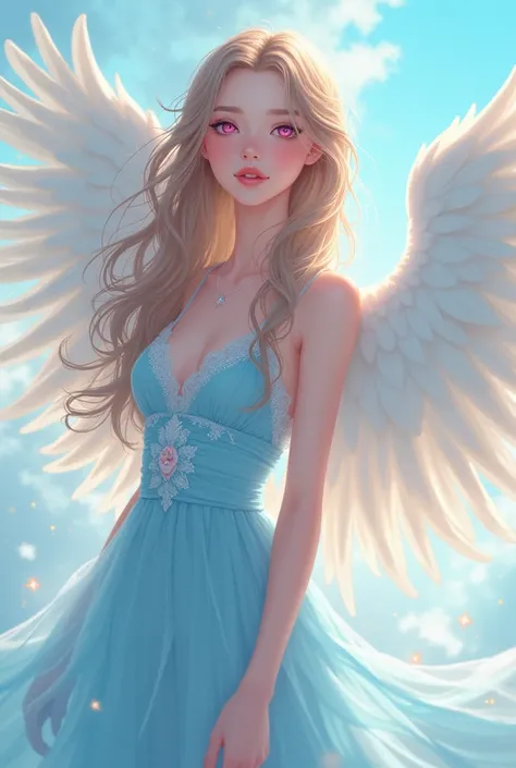 Beautiful anime-style girl with long light brown hair,  pink eyes ,  white skin ,  dressed in a sky blue dress and big white wings 