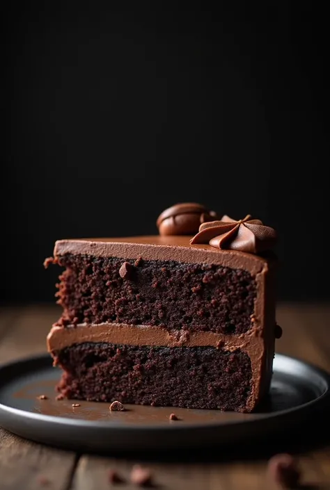 cinematic film still chocolate, chocolate cake, dark background, quality photo, moist texture, frosting, studio photo, slice . shallow depth of field, vignette, highly detailed, high budget, bokeh, cinemascope, moody, epic, gorgeous, film grain, grainy