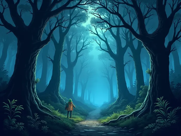 create beutiful illustration forest dark back ground and blue 