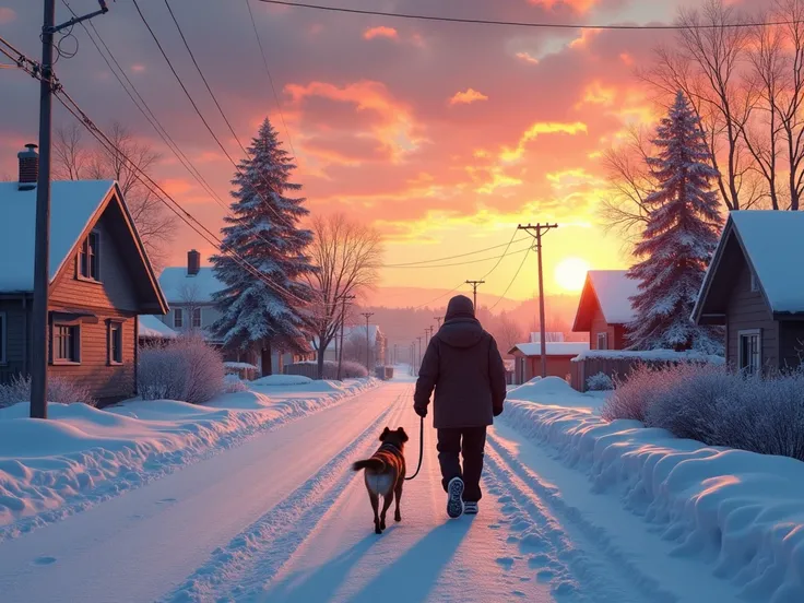 A serene winter evening scene of a person wrapped in a thick, warm jacket strolling down a snow-covered road. Their faithful canine companion, leashed, trots alongside, their breath visible in the chilly air. The setting sun casts a warm, golden glow on th...