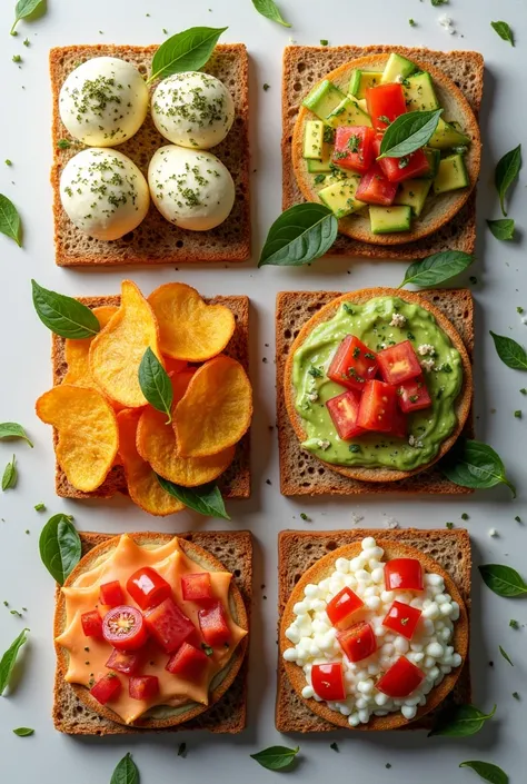  create a set of realistic images of ricotta balls with herbs, wholemeal bruchettas , Sweet potato chips,  avocado tartar with tomato , mini zucchini quiches put everything on grids